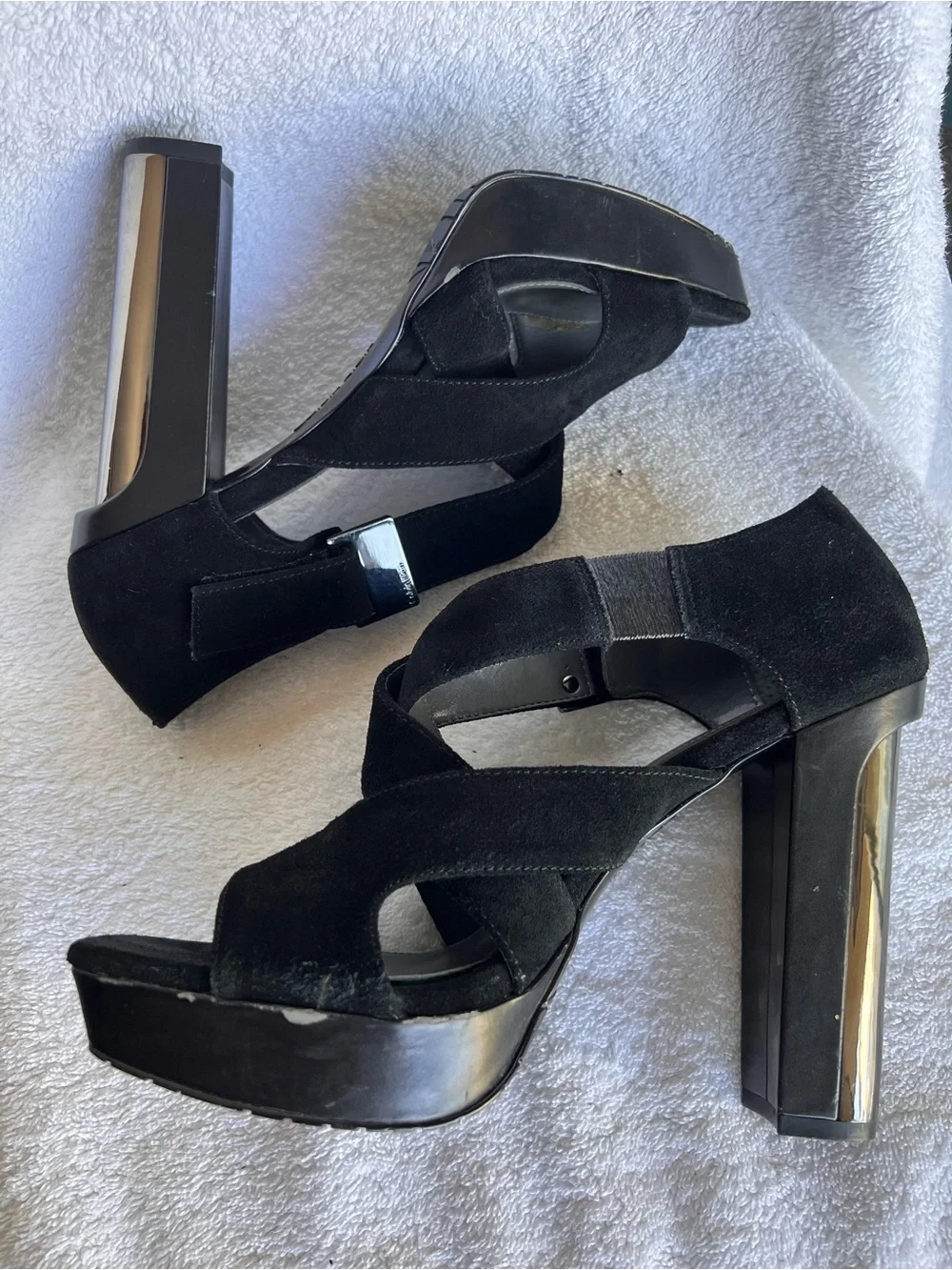 Calvin Klein Nichelle black suede platform sandals metallic silver